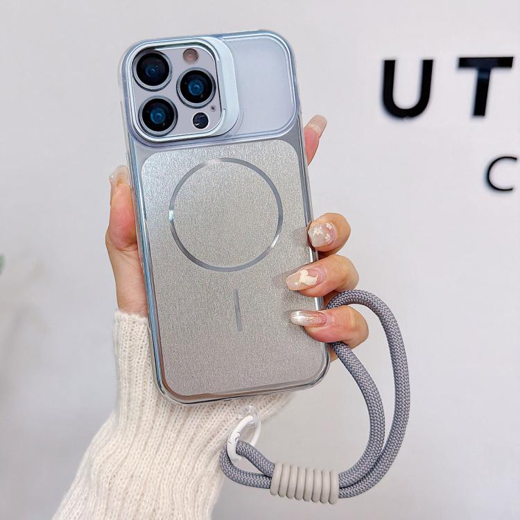 

For iPhone 12 Pro Brushed Magnetic Phone Case with Lens Frame Holder & Wrist Strap & Lens Film(Silver)