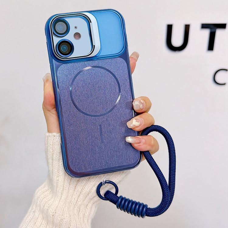 

For iPhone 11 Brushed Magnetic Phone Case with Lens Frame Holder & Wrist Strap & Lens Film(Blue)