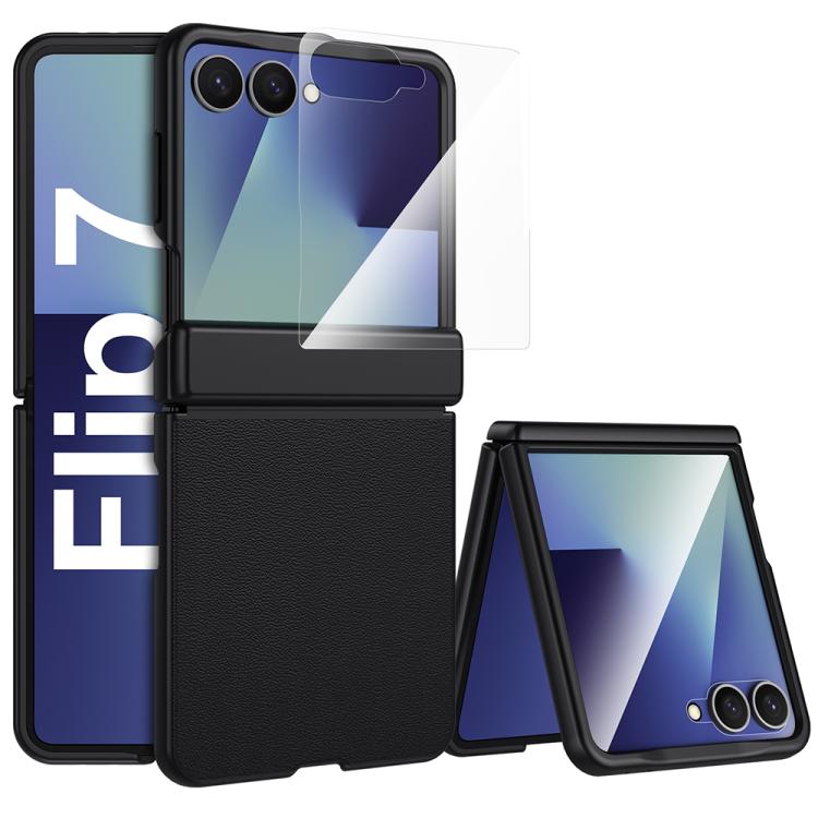 

For Galaxy Z Flip7 5G HD Film Integrated Spray-painted Genuine Leather Phone Case(Black)