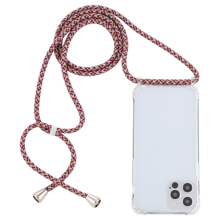 

For iPhone 12 / 12 Pro Transparent Acrylic Airbag Shockproof Phone Protective Case with Lanyard(Red Apricot Grey Fine Lines)