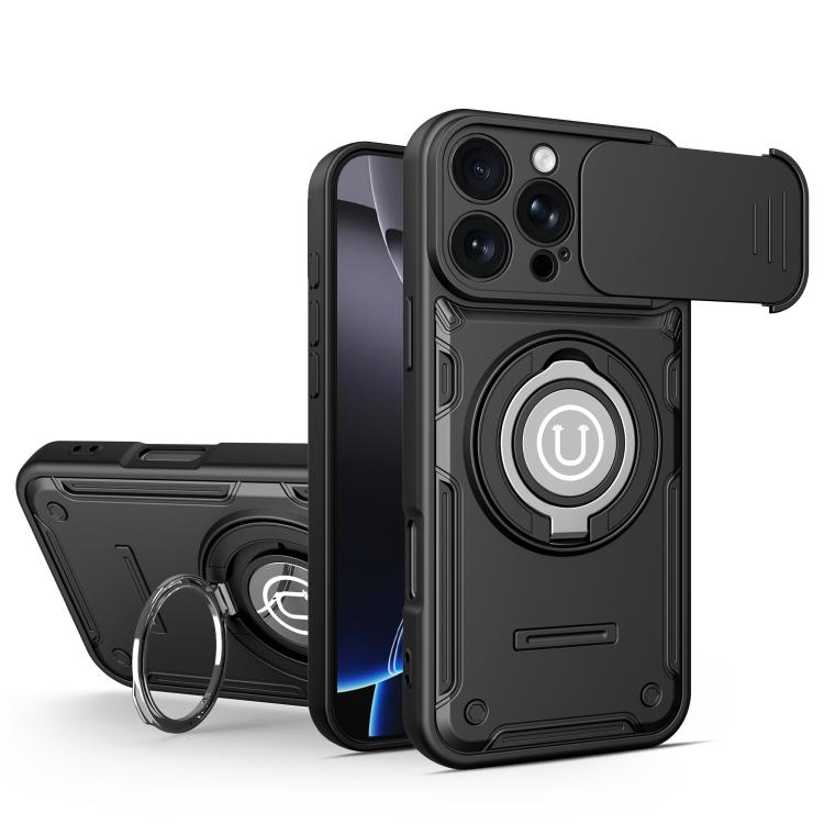 For iPhone 16 Pro Max Sliding Camshield Holder Magnetic Phone Case(Black)