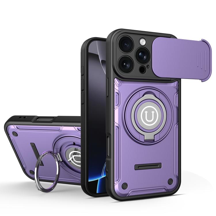 For iPhone 16 Pro Sliding Camshield Holder Magnetic Phone Case(Purple)