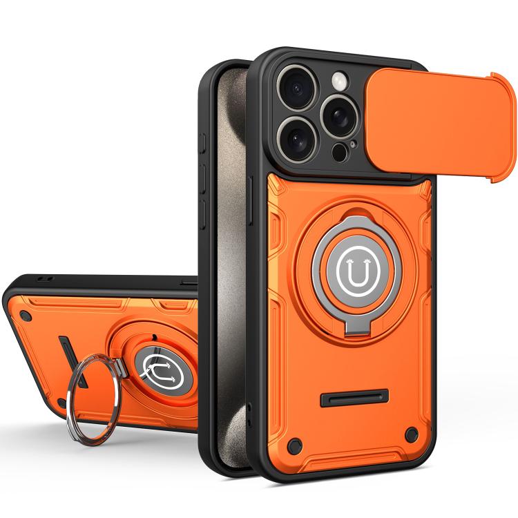 For iPhone 15 Pro Max Sliding Camshield Holder Magnetic Phone Case(Orange)