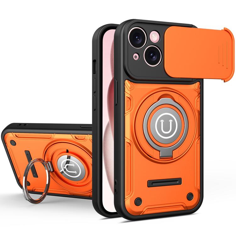 

For iPhone 15 Sliding Camshield Holder Magnetic Phone Case(Orange)