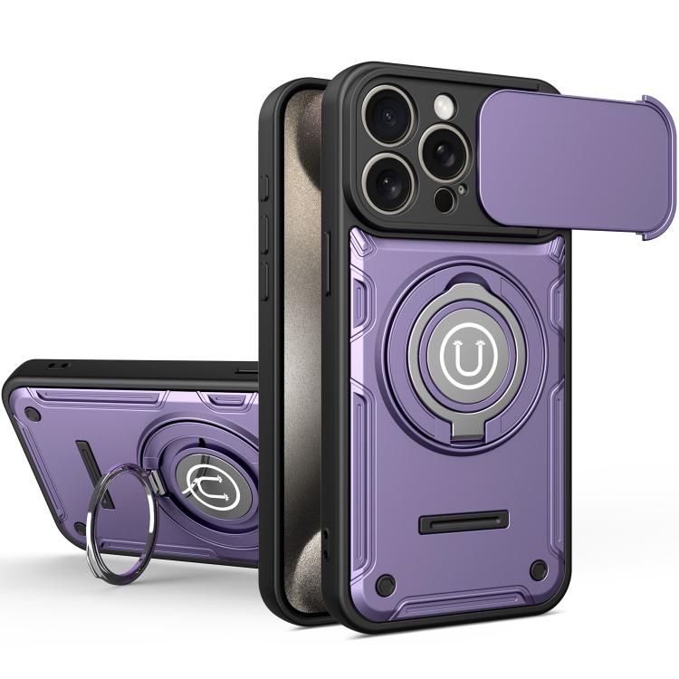 For iPhone 15 Pro Sliding Camshield Holder Magnetic Phone Case(Purple)