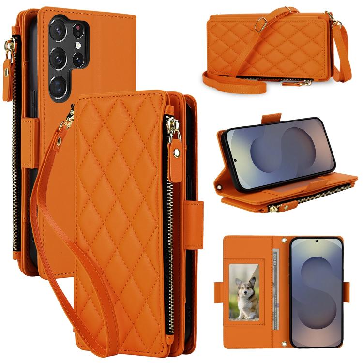 

For Galaxy S26 Ultra 5G Crossbody Diamond 9 Card Slots Zipper Bag Vegan Leather Phone Case(Orange)