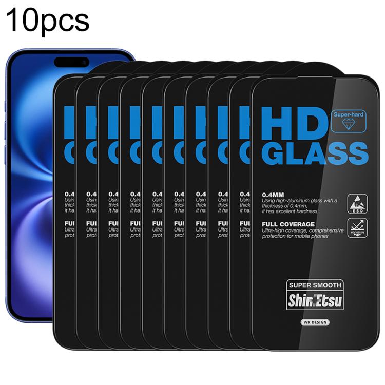 For iPhone 16 Plus / 15 Plus WK WTP-137 10pcs 6D Curved Dustproof HD Tempered Glass Film(Black)