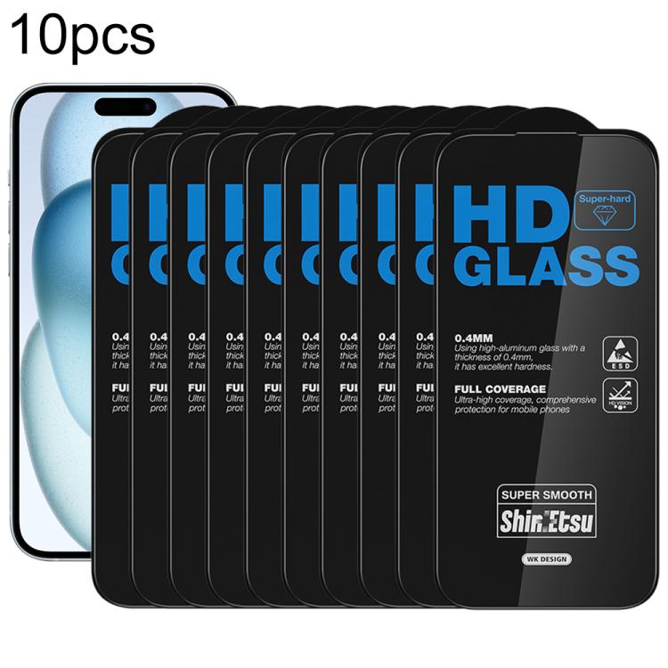 For iPhone 16 / 15 / 14 Pro WK WTP-137 10pcs 6D Curved Dustproof HD Tempered Glass Film(Black)