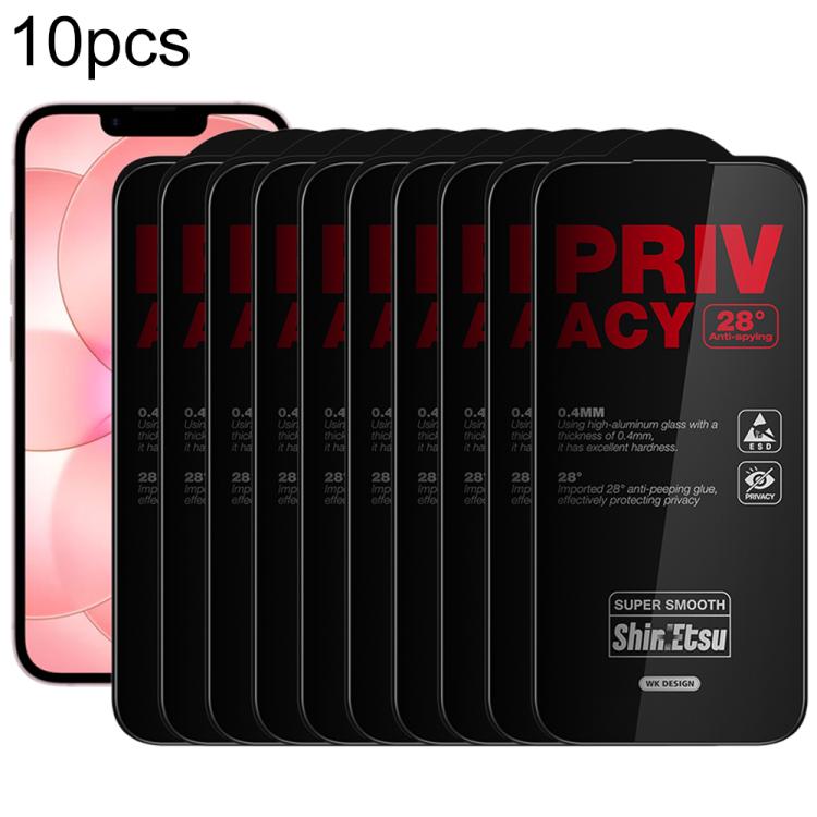 For iPhone 17e / 16e / 14 / 13 Pro WK WTP-138 10pcs 6D Curved Dustproof Privacy Tempered Glass Film(Black)