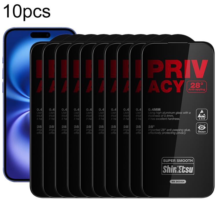 

For iPhone 16 Plus / 15 Plus WK WTP-138 10pcs 6D Curved Dustproof Privacy Tempered Glass Film(Black)