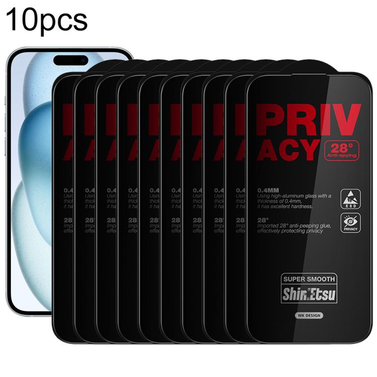 For iPhone 16 / 15 WK WTP-138 10pcs 6D Curved Dustproof Privacy Tempered Glass Film(Black)