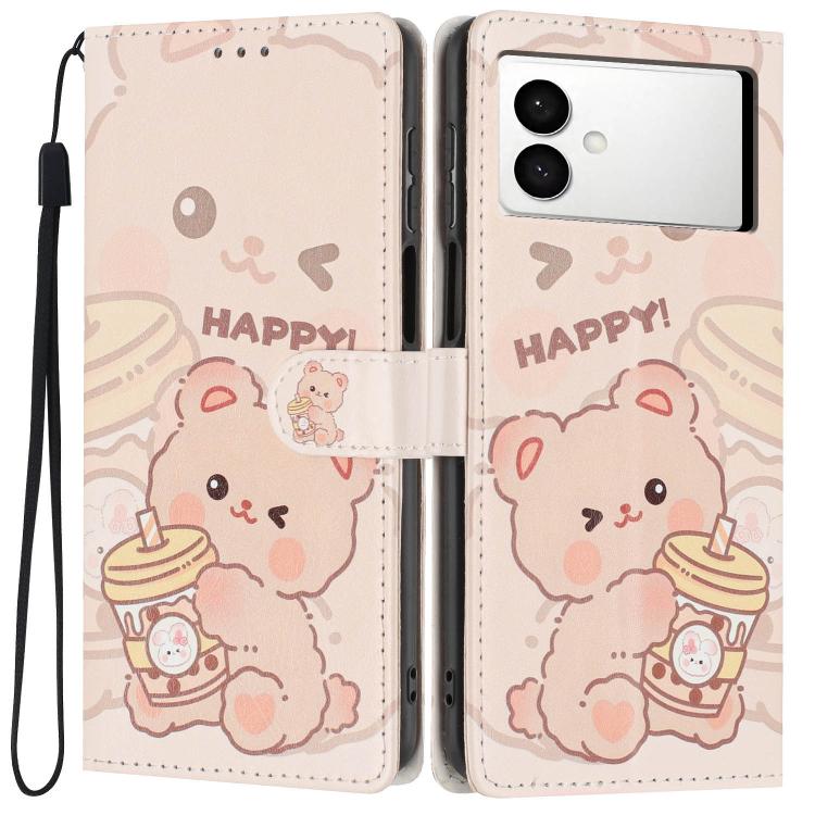 For Galaxy S26 Edge 5G Colorful Painting Vegan Leather Phone Case with Lanyard(Milk Tea Bear)