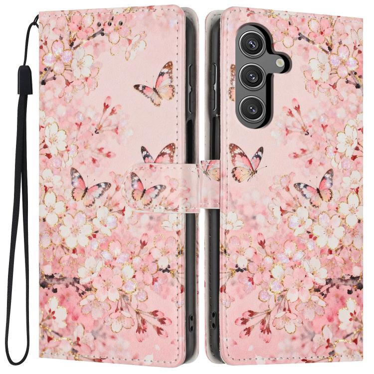 For Galaxy S25 FE 5G Colorful Painting Vegan Leather Phone Case with Lanyard(Pink Flower Butterfly)