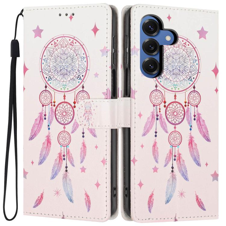 For Galaxy S25 5G Colorful Painting Vegan Leather Phone Case with Lanyard(Feather Wind Chimes)