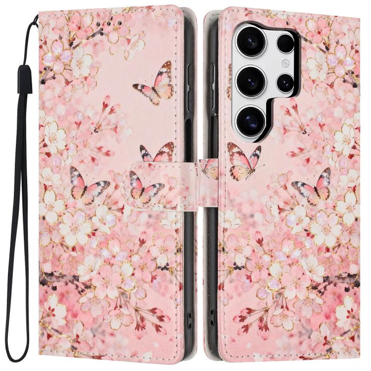 For Galaxy S25 Ultra 5G Colorful Painting Vegan Leather Phone Case with Lanyard(Pink Flower Butterfly)