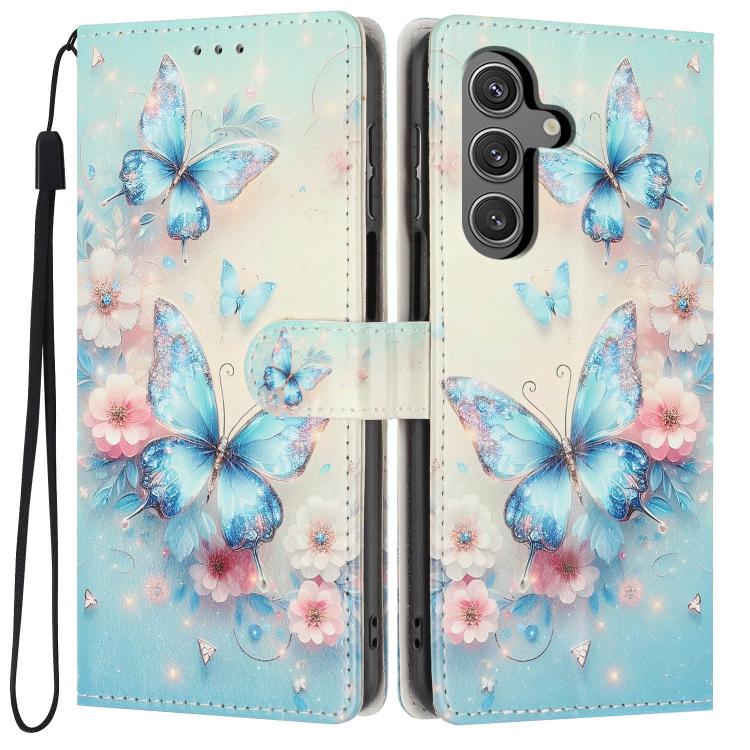 For Galaxy S24 FE 5G Colorful Painting Vegan Leather Phone Case with Lanyard(Blue Butterflies)