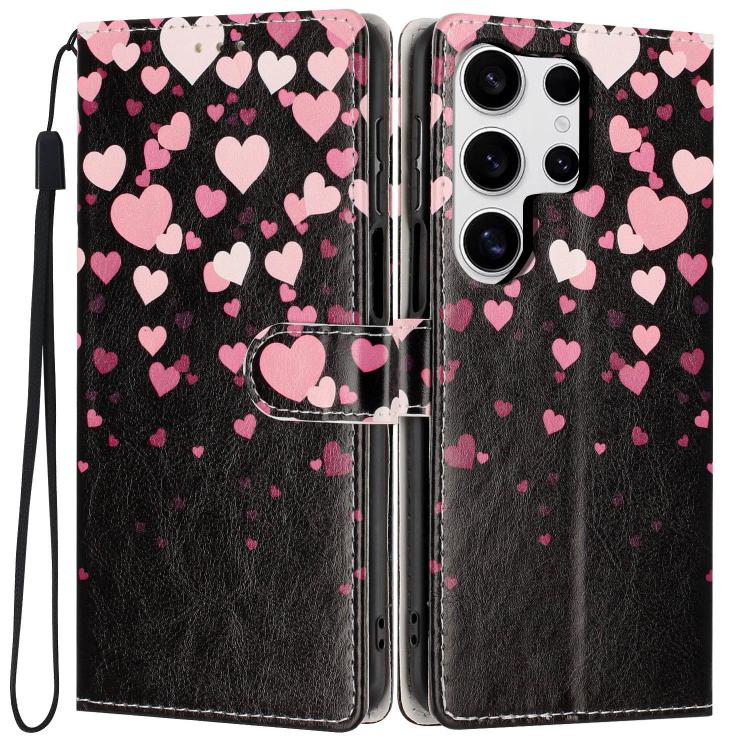 For Galaxy S24 Ultra 5G Colorful Painting Vegan Leather Phone Case with Lanyard(Hearts)