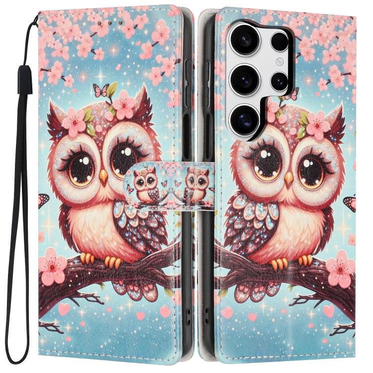 For Galaxy S23 Ultra 5G Colorful Painting Vegan Leather Phone Case with Lanyard(Cherry Blossom Owl)