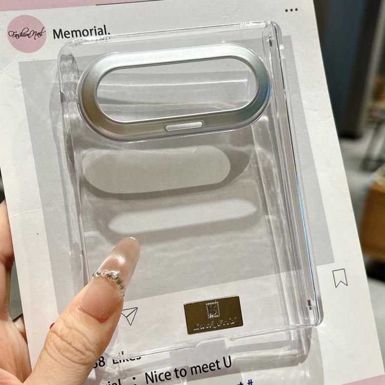 

For Huawei Pura X Max Nameplate Lens-Frame Shield Hinge Clear PC Phone Case(Silver)