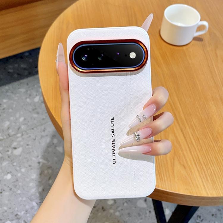 For Google Pixel 11 Pro XL Metal Camera Lens Frame Buttons Vegan Leather Phone Case(White)