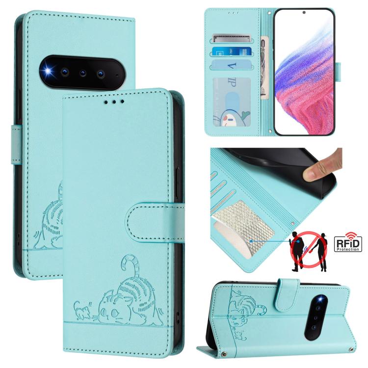 

For Natural AI Phone 5G Cat Rat Embossed Pattern RFID Leather Phone Case with Lanyard(Mint Green)