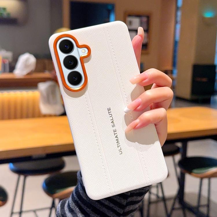 

For Galaxy S26+ 5G Metal Camera Lens Frame Buttons Vegan Leather Phone Case(White)