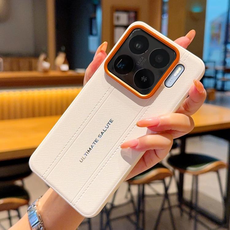 

For Xiaomi 15S Pro Metal Camera Lens Frame Buttons Vegan Leather Phone Case(White)