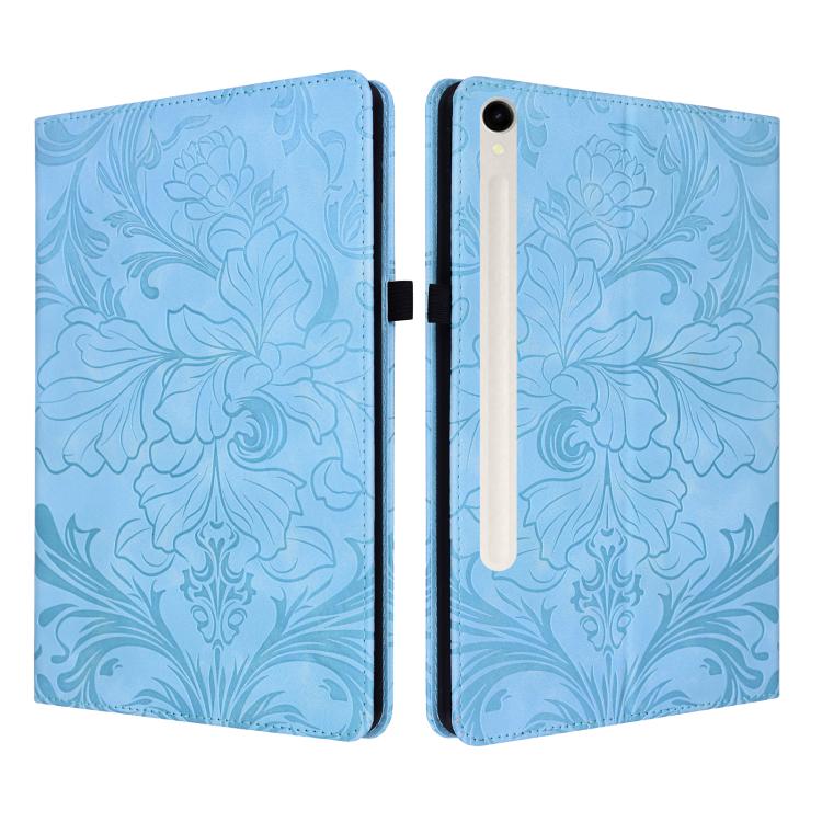For Galaxy Tab S10 / S9 FE Floral Embossed Pattern Vegan Leather Tablet Case(Light Blue)