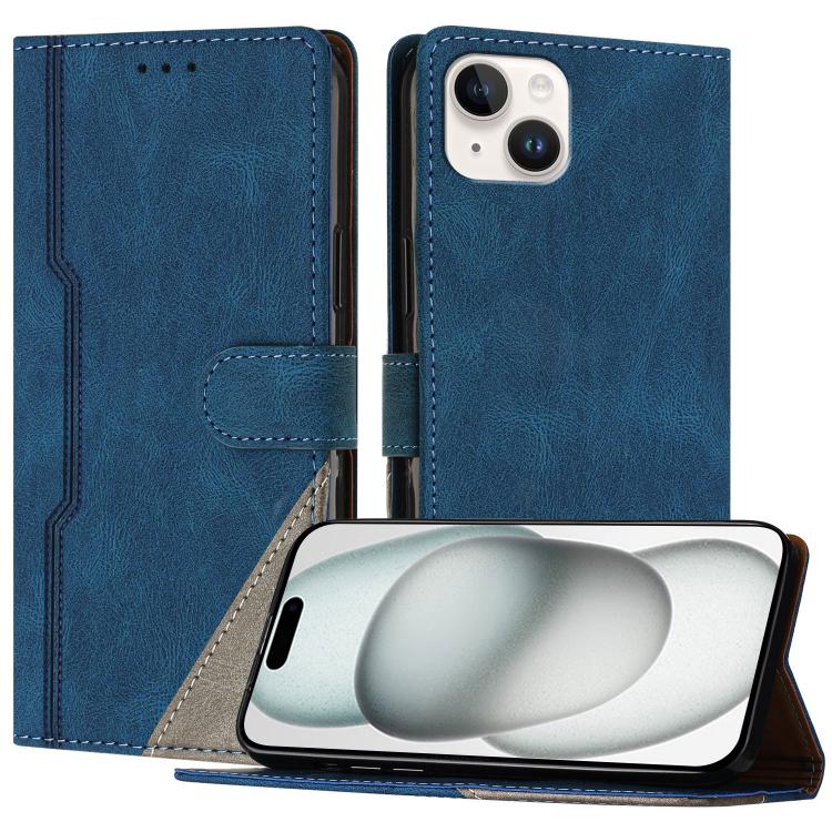 For iPhone 14 Plus Color Matching Buckle Clasp Vegan Leather Phone Case(Blue)