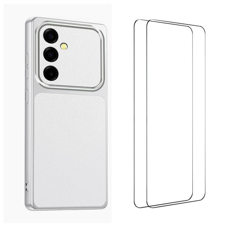 

For Galaxy A57 5G WANLONFENG Lambskin Texture PC TPU Phone Case with 2pcs Screen Films(White)