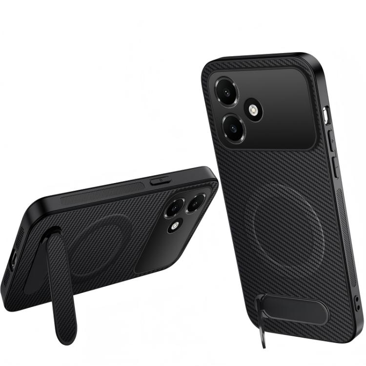 

For OPPO A6c 4G WANLONFENG Kickstand Carbon Fiber Texture Magnetic Phone Case(Black)