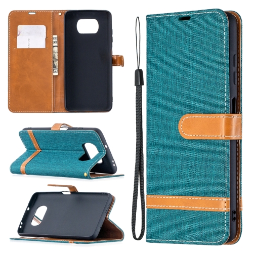 

For Xiaomi Mi Poco X3 Color Matching Denim Texture Leather Case with Holder & Card Slots & Wallet & Lanyard(Green)