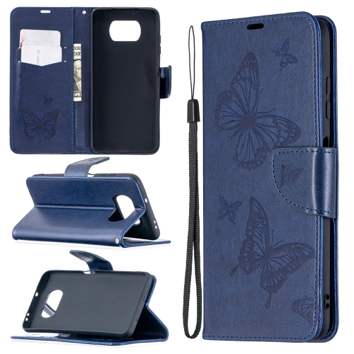 

For Xiaomi Poco X3 Two Butterflies Embossing Pattern Horizontal Flip Leather Case with Holder & Card Slot & Wallet & Lanyard(Dark Blue)