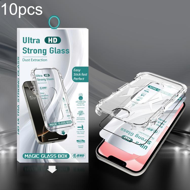 For iPhone 17e / 16e / 14 / 13 Pro 10pcs USG Easy Install Dust-proof Box HD Edge-to-Edge Tempered Glass Film