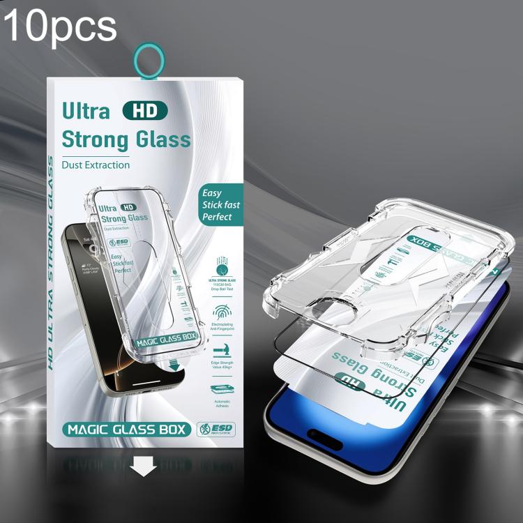 For iPhone 16 Plus / 15 Plus 10pcs USG Easy Install Dust-proof Box HD Edge-to-Edge Tempered Glass Film