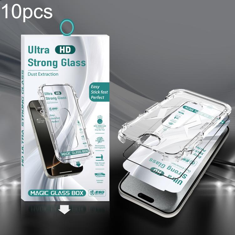 For iPhone 15 Pro Max 10pcs USG Easy Install Dust-proof Box HD Edge-to-Edge Tempered Glass Film
