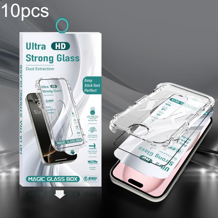 For iPhone 16 / 15 10pcs USG Easy Install Dust-proof Box HD Edge-to-Edge Tempered Glass Film
