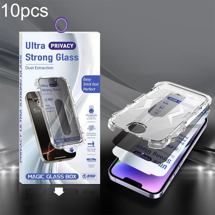 For iPhone 14 Plus / 13 Pro Max 10pcs USG Easy Install Dust-proof Box Privacy Edge-to-Edge Tempered Glass Film