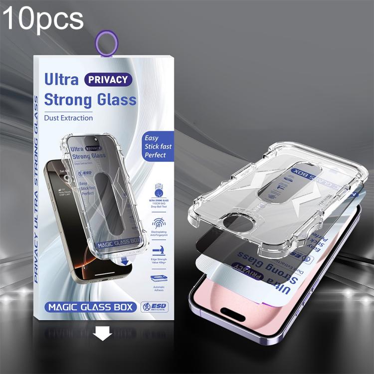 For iPhone 16 / 15 10pcs USG Easy Install Dust-proof Box Privacy Edge-to-Edge Tempered Glass Film