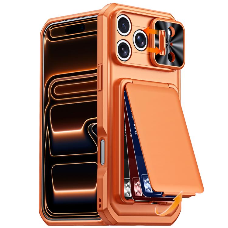 

For iPhone 17 Pro Max Flip Card Holder Sliding Camera Cover PC Hybrid TPU Phone Case(Orange)