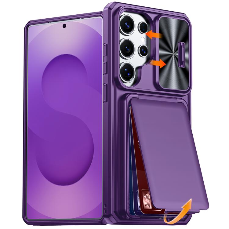 

For Galaxy S25 Ultra 5G Flip Card Holder Sliding Camera Cover PC Hybrid TPU Phone Case(Purple)