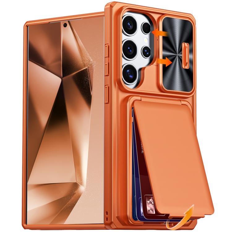 For Galaxy S24 Ultra 5G Flip Card Holder Sliding Camera Cover PC Hybrid TPU Phone Case(Orange)