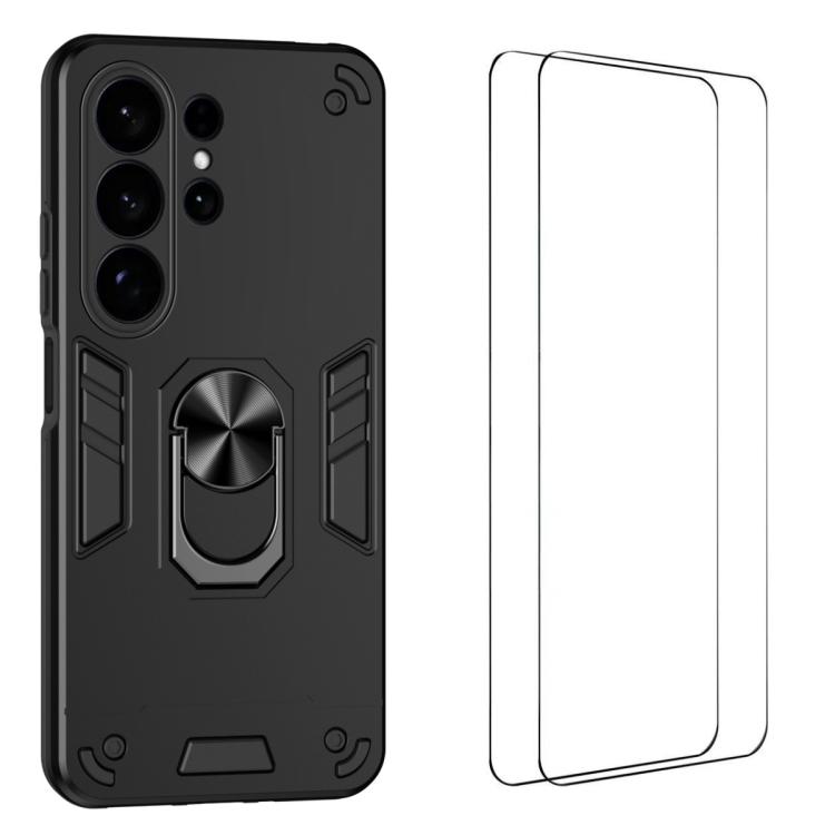 

For Galaxy S26 Ultra 5G WANLONFENG Armor Kickstand Shockproof Phone Case with 2pcs Screen Films(Black)