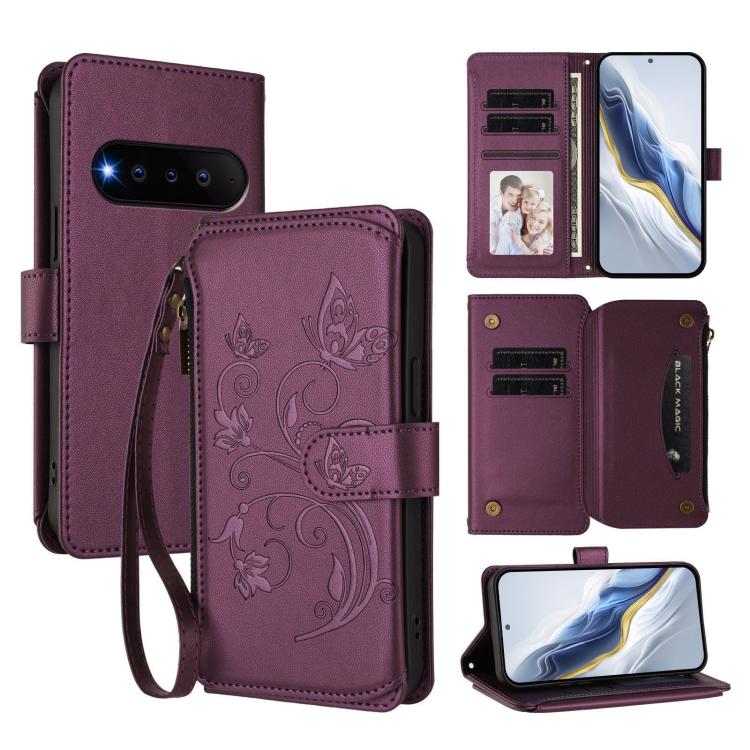 

For Natural Ai Phone 5G Butterfly Love Flower Multi-card Zipper Wallet Leather Phone Case(Dark Purple)