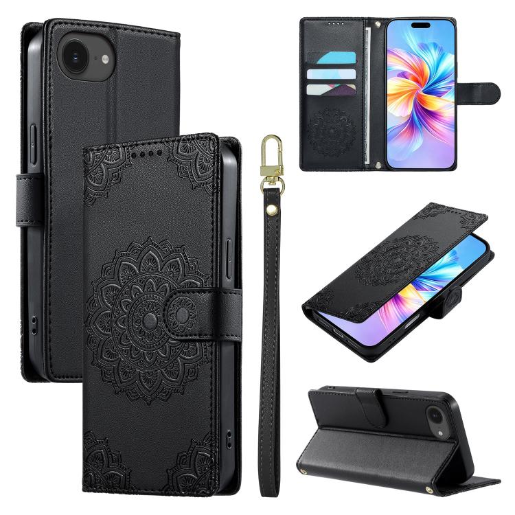 

For iPhone 17e / 16e Totem Embossed Magnetic Closure Vegan Leather Phone Case with Strap(Black)