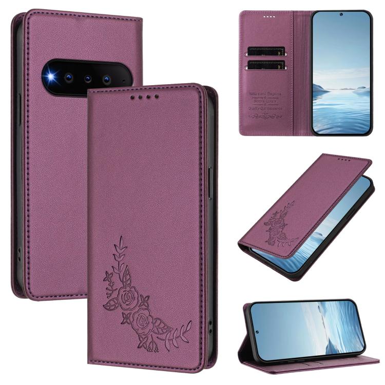 

For Natural Ai Phone 5G Peony Embossed Magnetic RFID Vegan Leather Phone Case(Violet Purple)