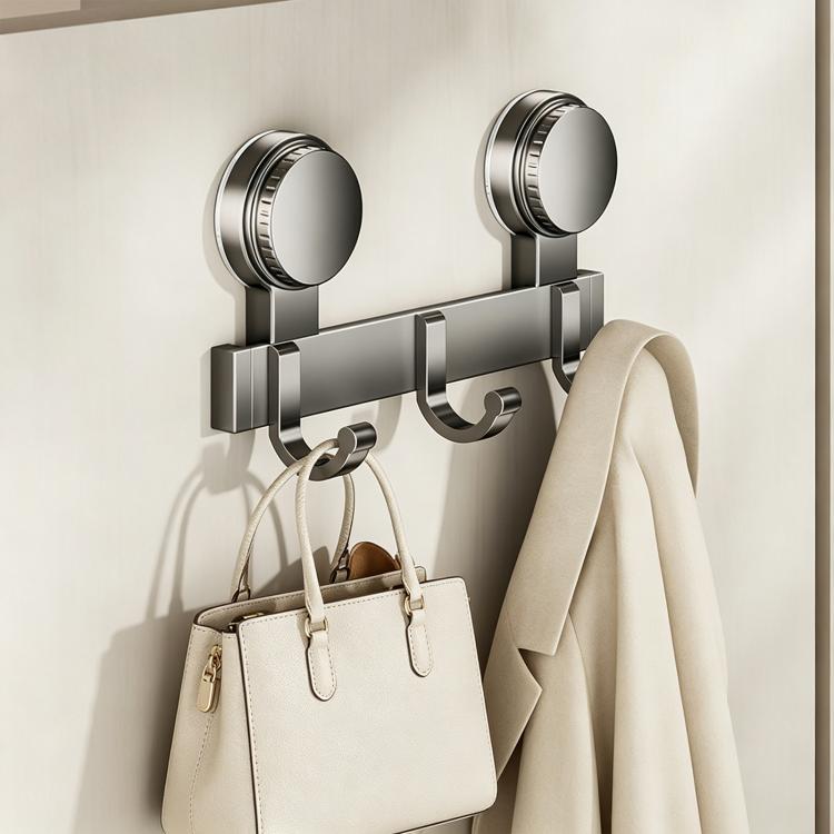 

No-drill Door Back Vacuum Suction Cup Hooks Storage Rack, Type:Upgraded Single Row 3-hook(Grey)