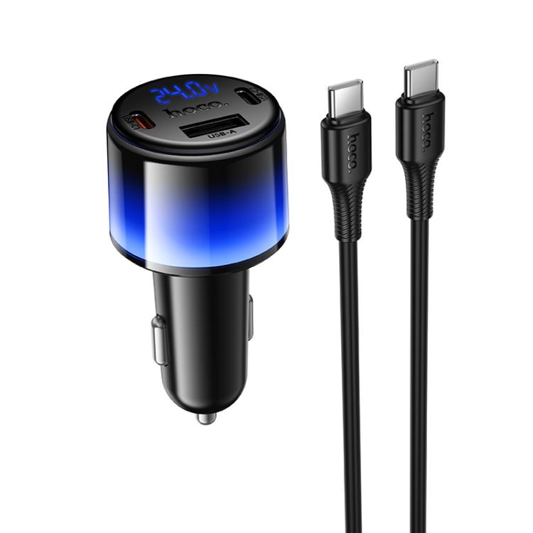 

hoco Z69B PD57W USB and Type-Cx2 Colorful Light Digital Display Car Charger with 1m Type-C to Type-C Cable(Black)