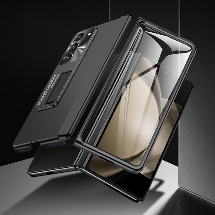

For Galaxy Z Fold5 Spray-Coated PC Spring Hinge Integrated Film Phone Case with Holder(Black)