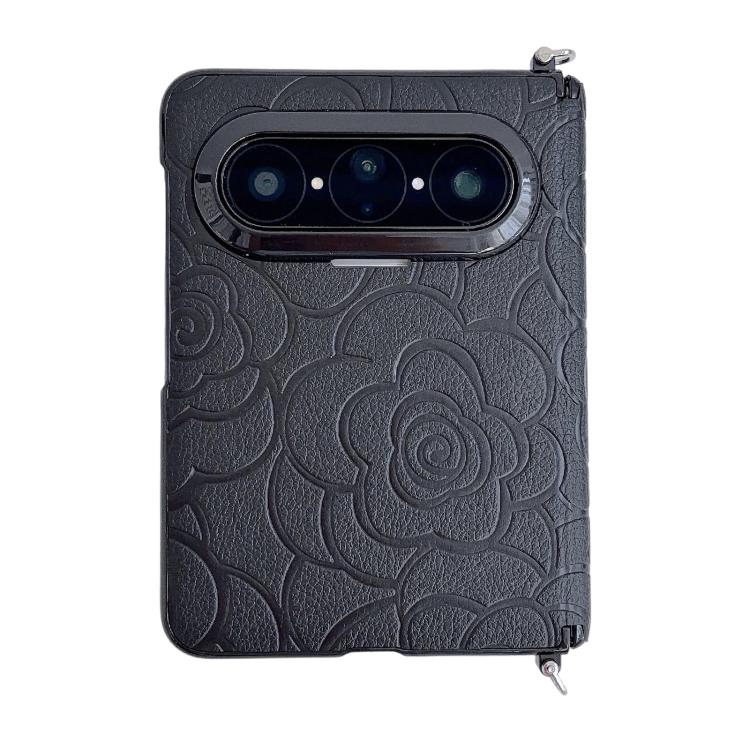 

For Huawei Pura X Max Side Clamp Central Axis Magnetic Embossed Camellia Phone Case(Black)